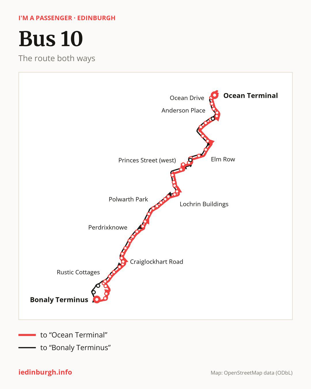 Bus route 10 in Edinburgh on the map: the route both ways