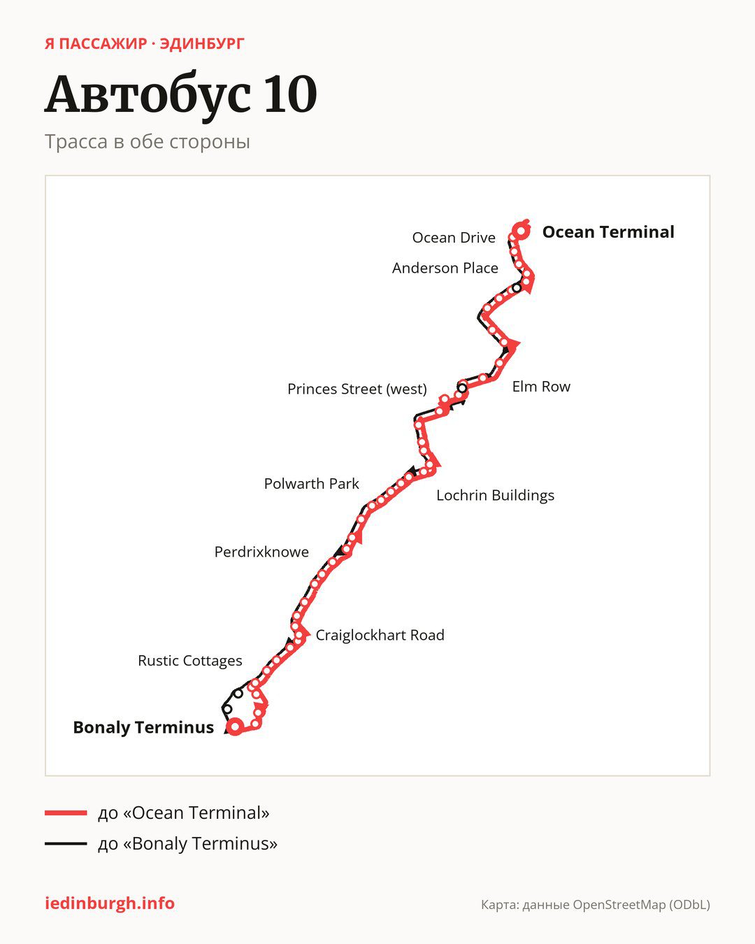 Автобус 10 в Эдинбурге на карте: трасса в обе стороны