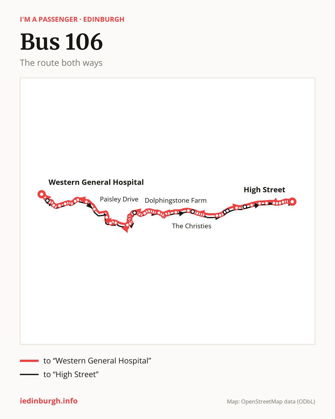 Bus route 106 in Edinburgh on the map: the route both ways
