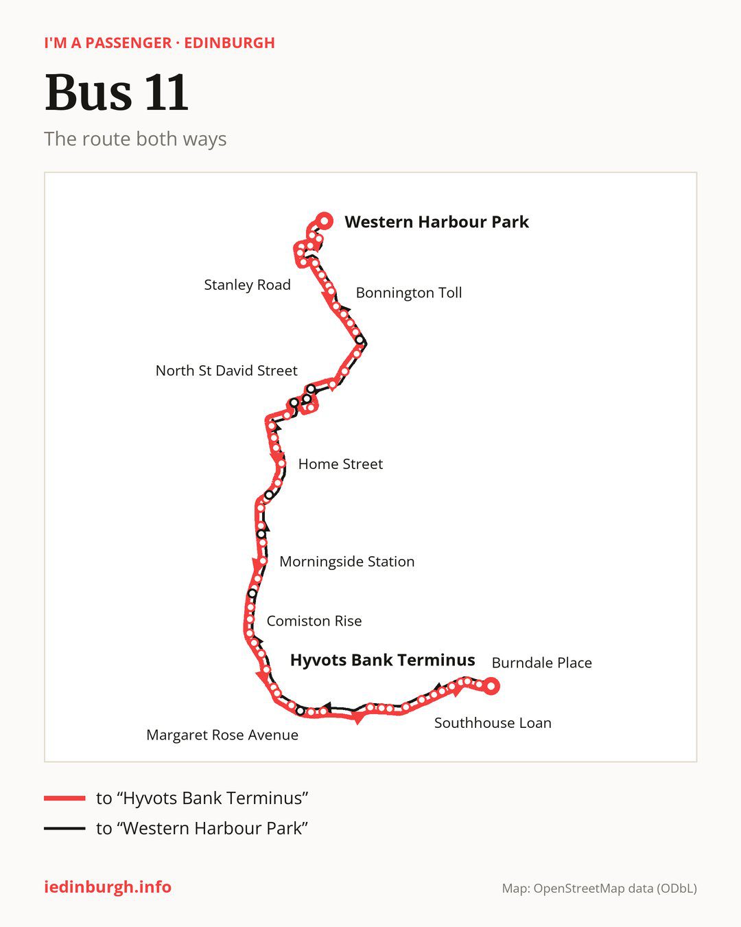 Bus route 11 in Edinburgh on the map: the route both ways