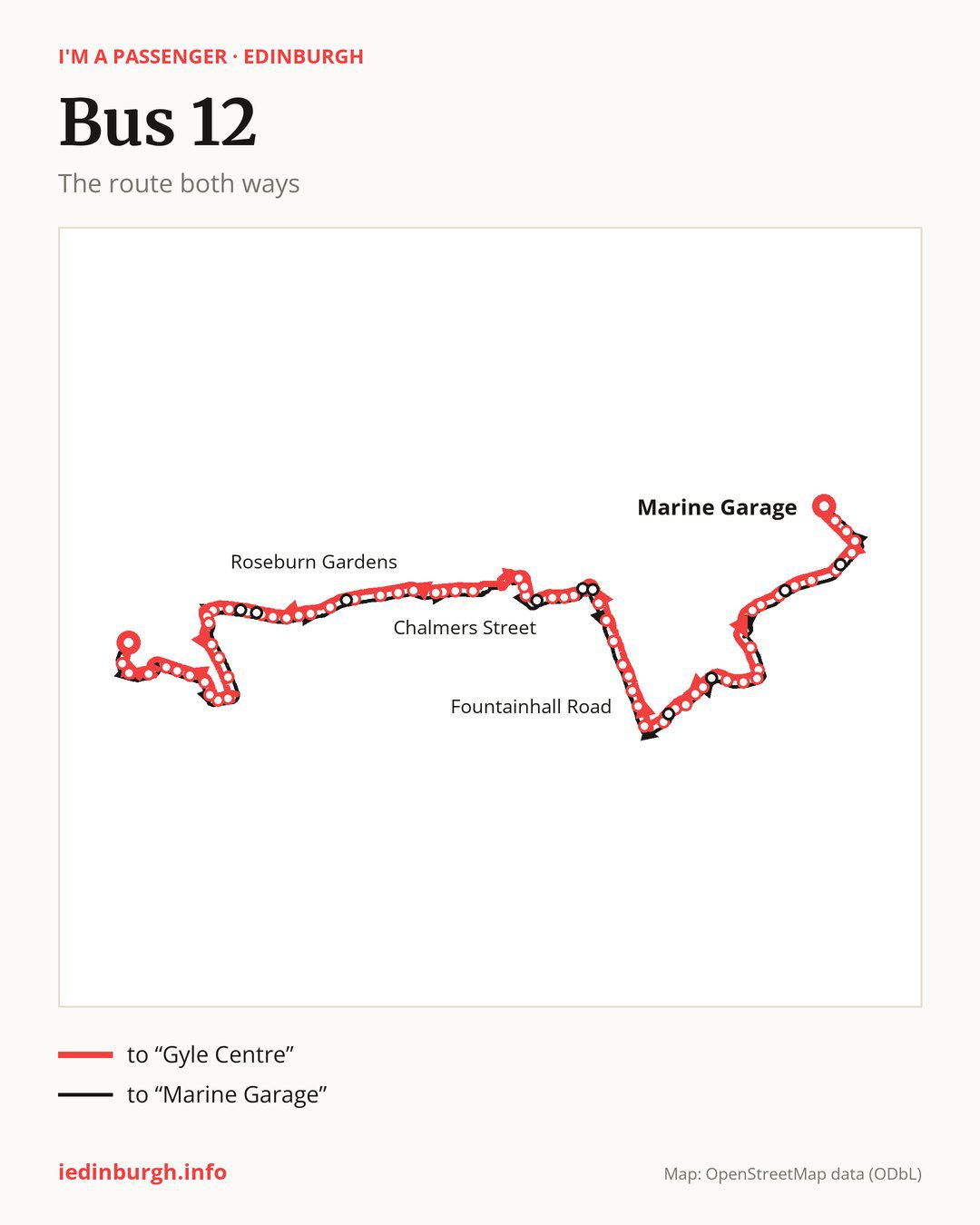 Bus route 12 in Edinburgh on the map: the route both ways
