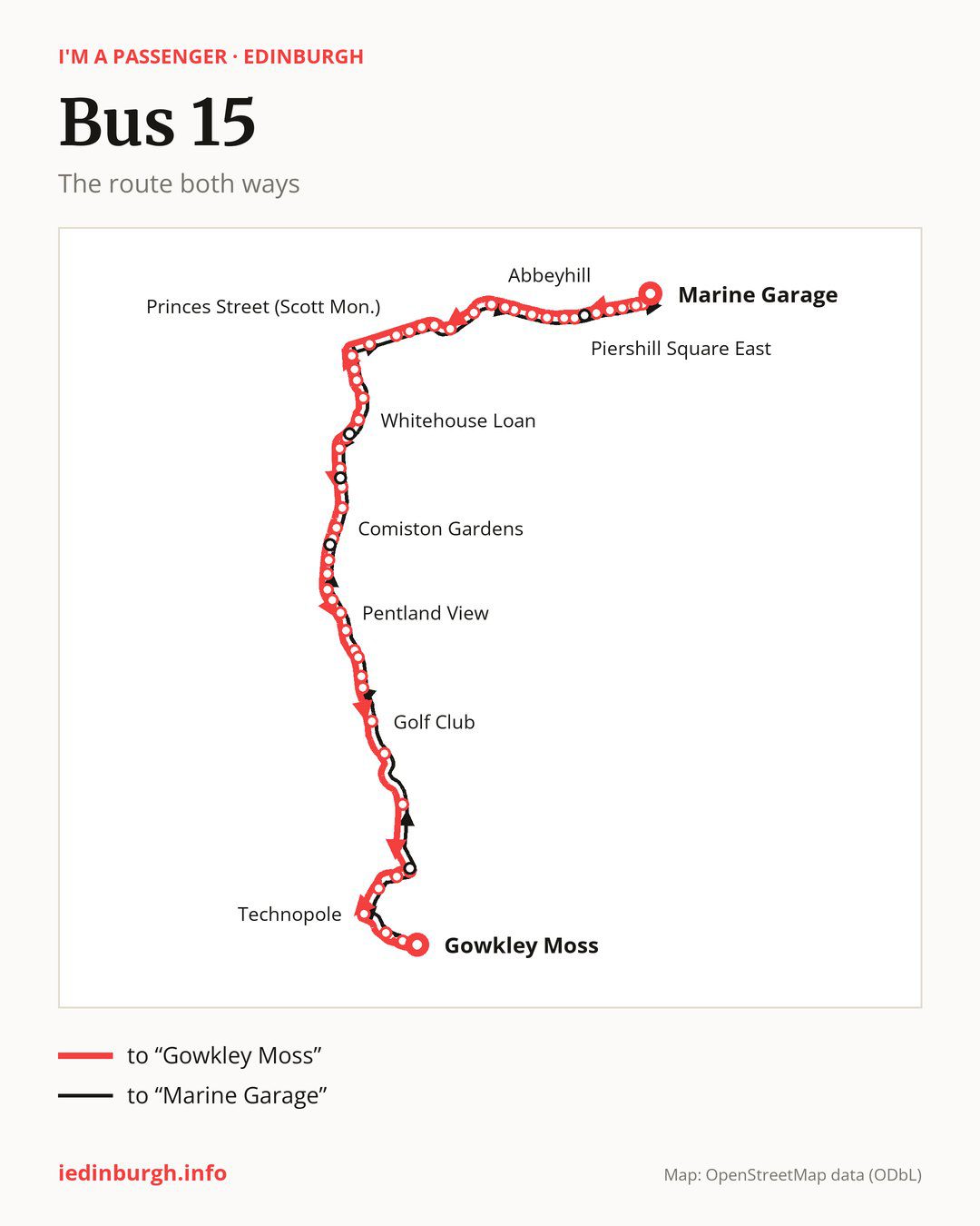 Bus route 15 in Edinburgh on the map: the route both ways