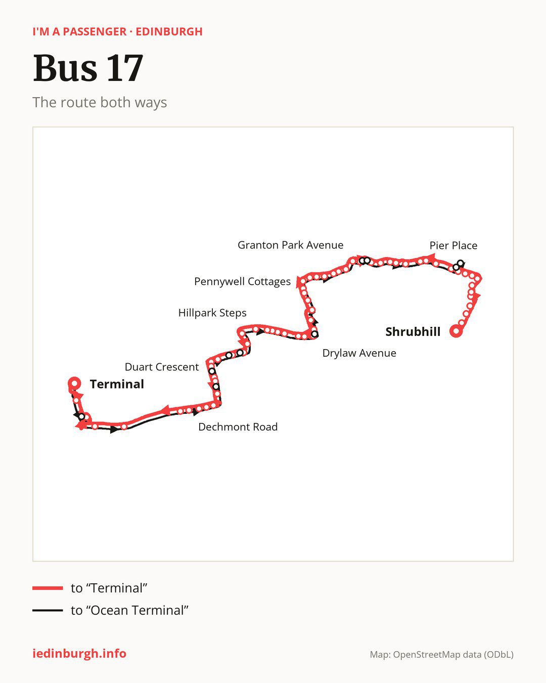 Bus route 17 in Edinburgh on the map: the route both ways