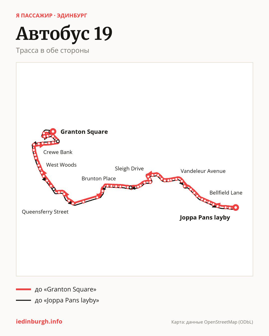 Автобус 19 в Эдинбурге на карте: трасса в обе стороны
