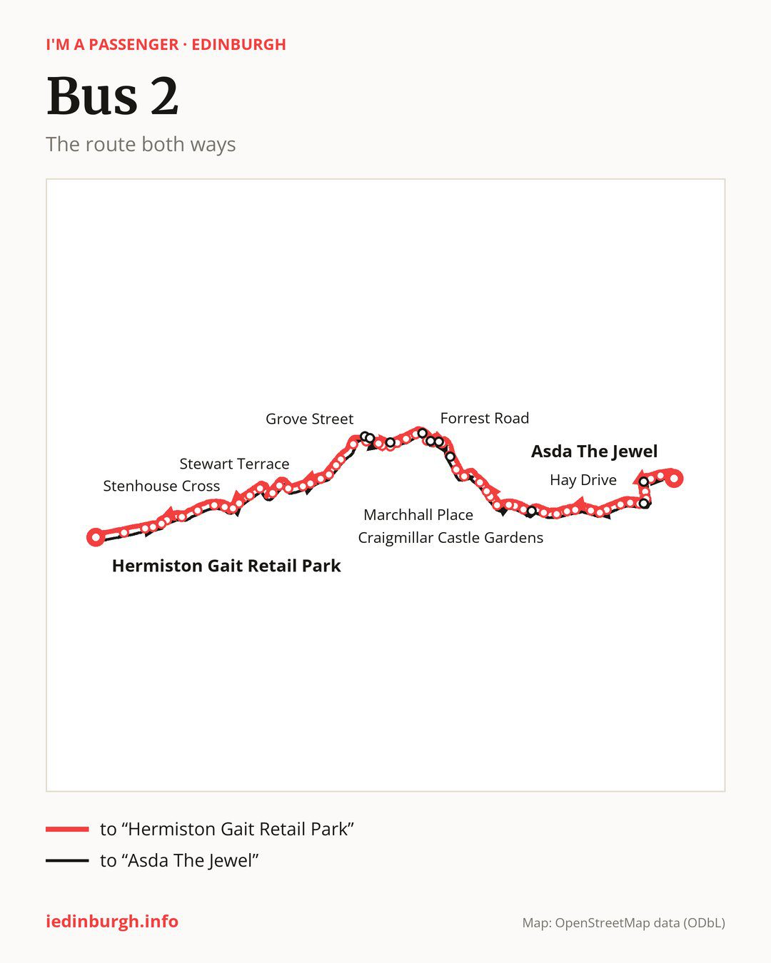 Bus route 2 in Edinburgh on the map: the route both ways