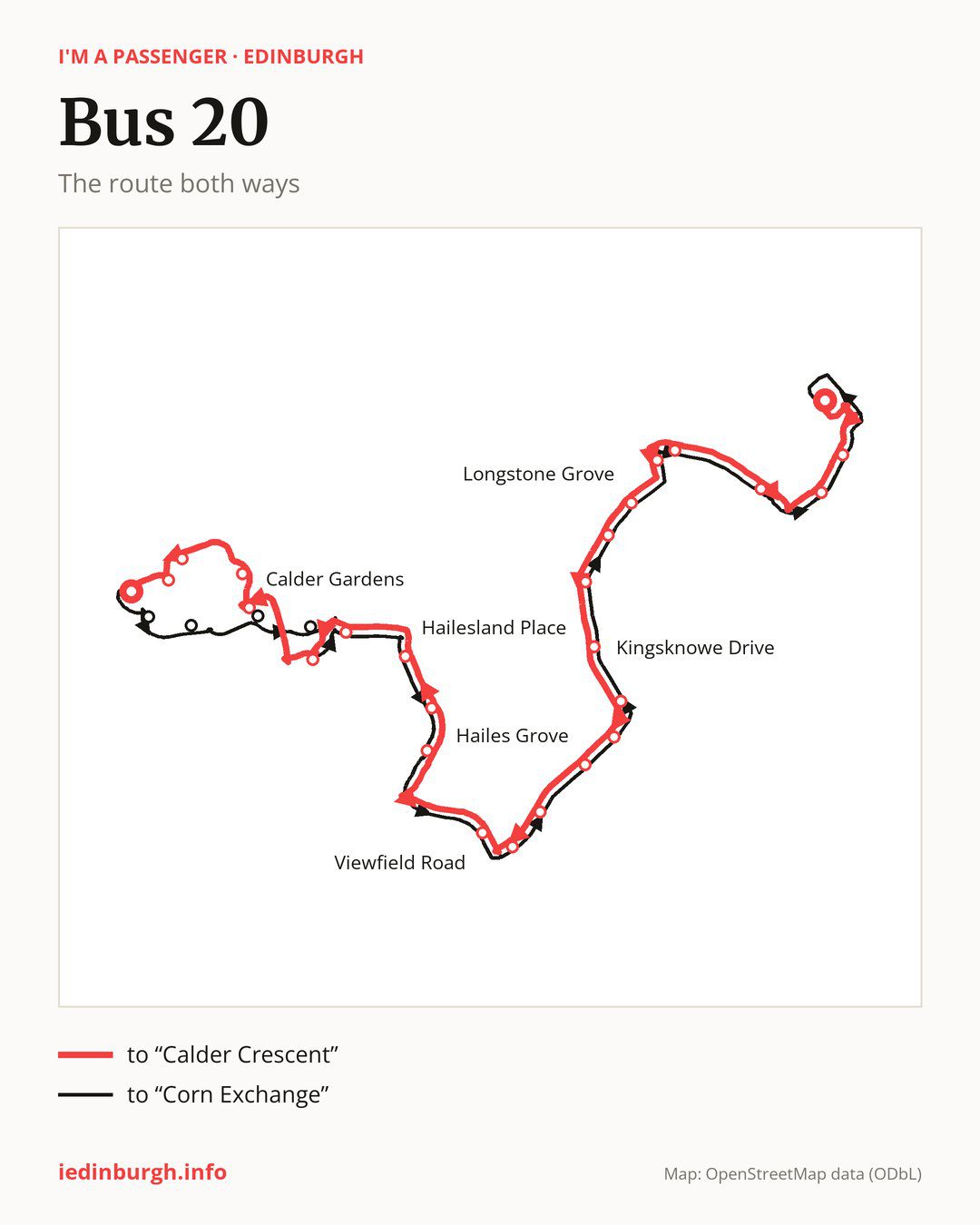 Bus route 20 in Edinburgh on the map: the route both ways
