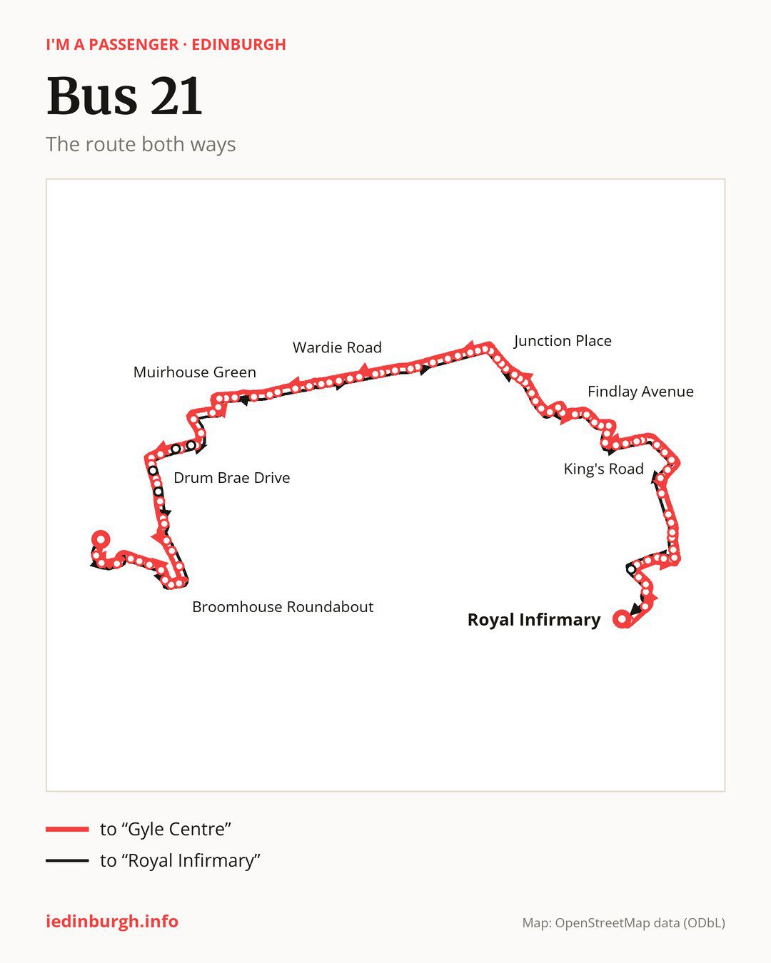 Bus route 21 in Edinburgh on the map: the route both ways