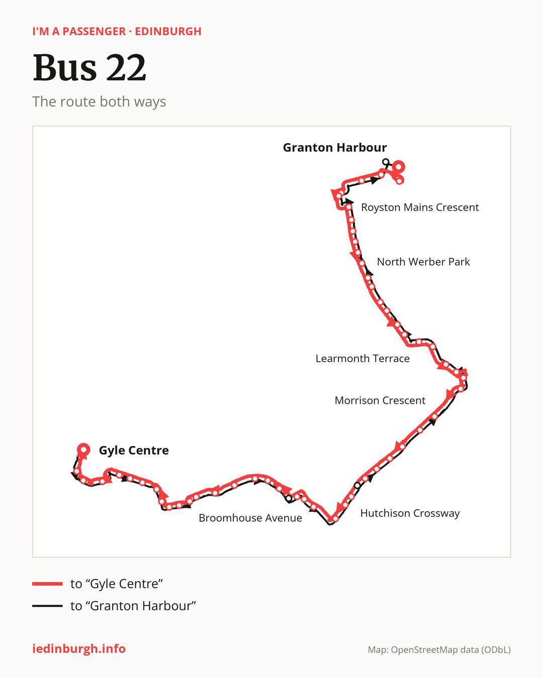 Bus route 22 in Edinburgh on the map: the route both ways