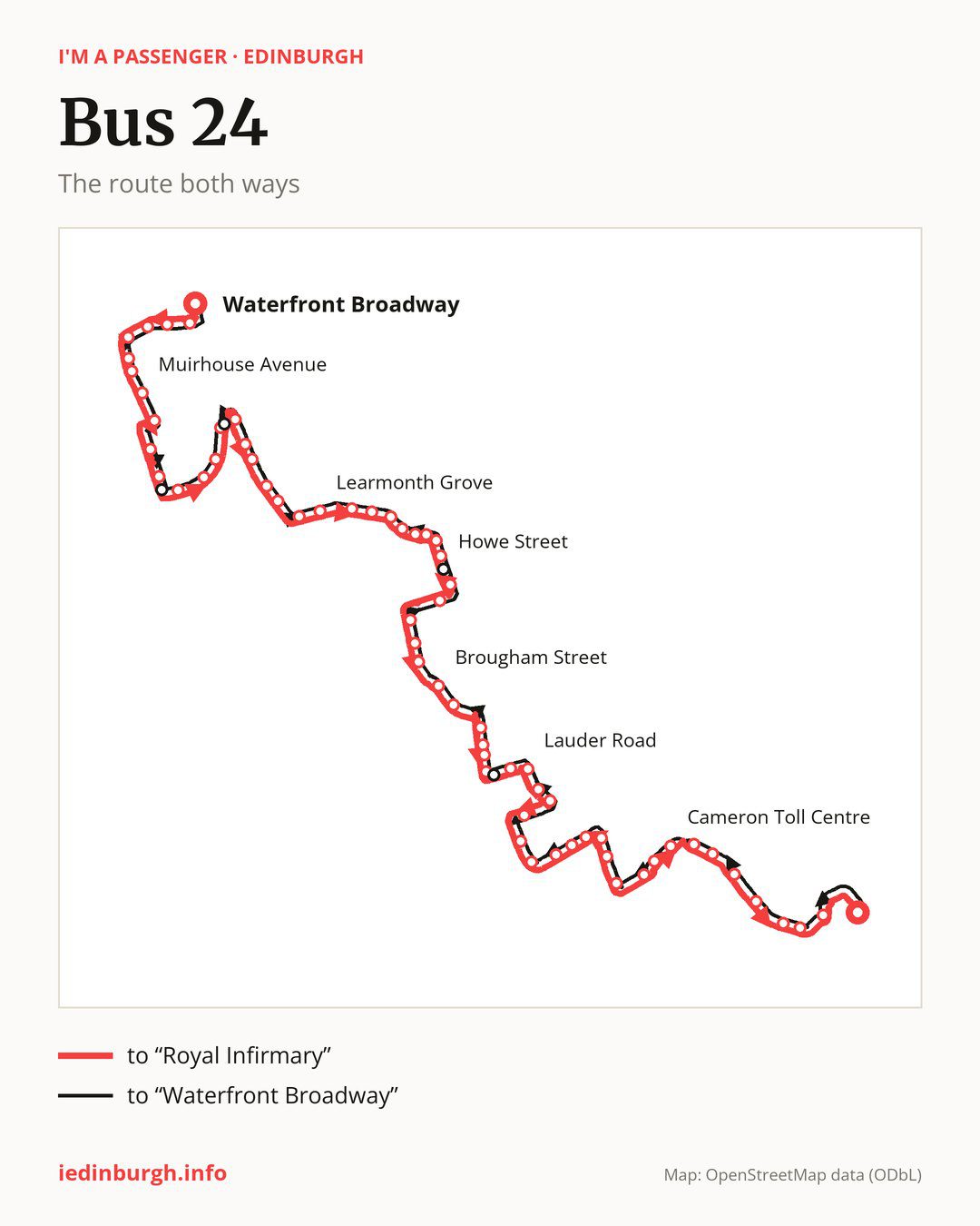 Bus route 24 in Edinburgh on the map: the route both ways