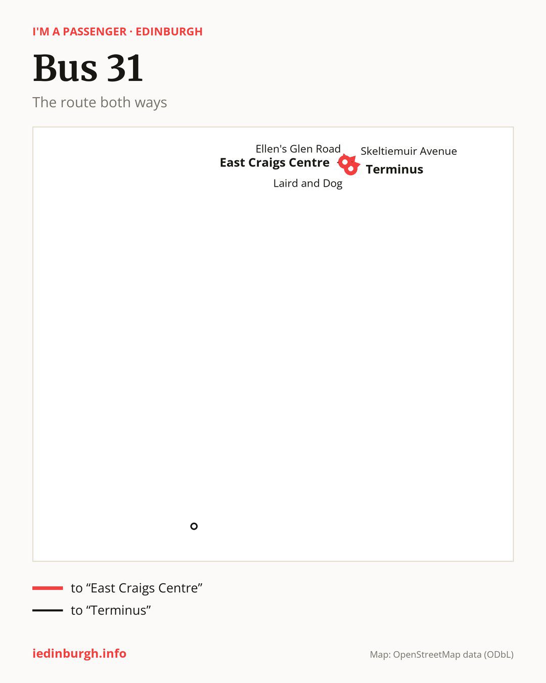 Bus route 31 in Edinburgh on the map: the route both ways