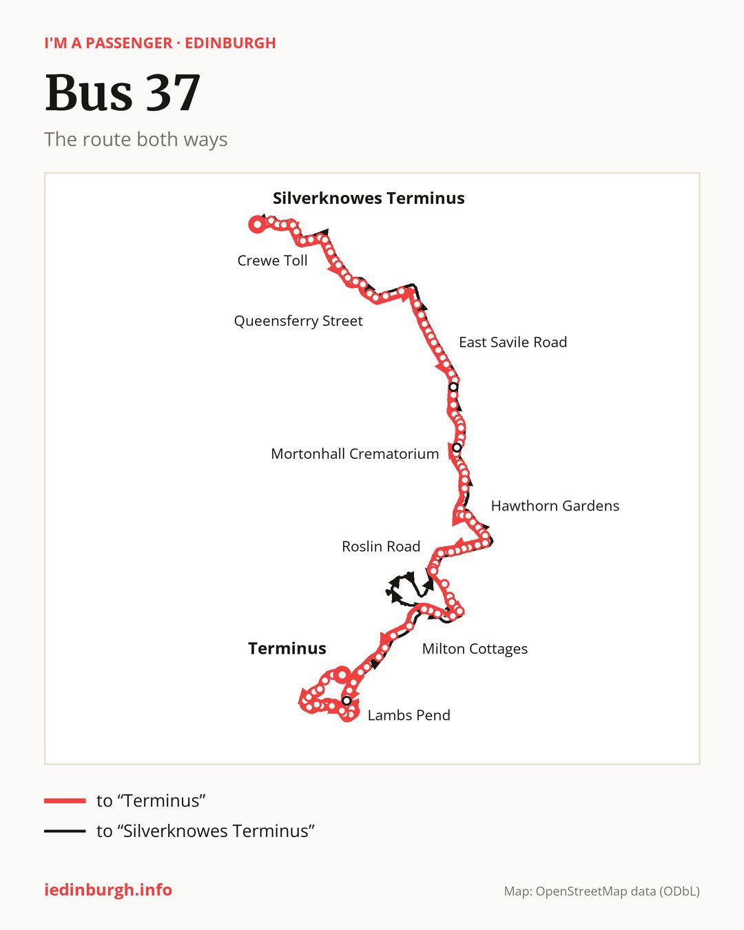 Bus route 37 in Edinburgh on the map: the route both ways