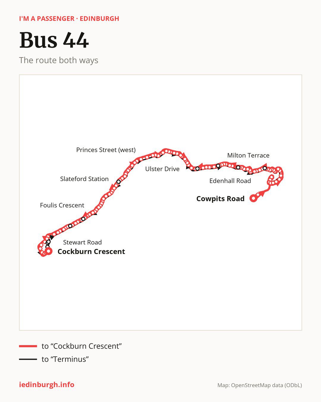Bus route 44 in Edinburgh on the map: the route both ways