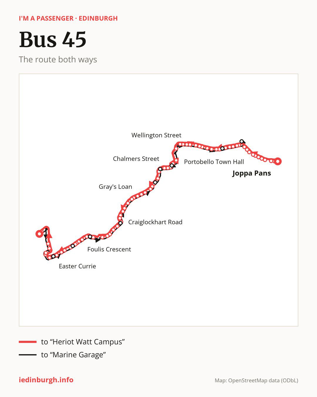 Bus route 45 in Edinburgh on the map: the route both ways