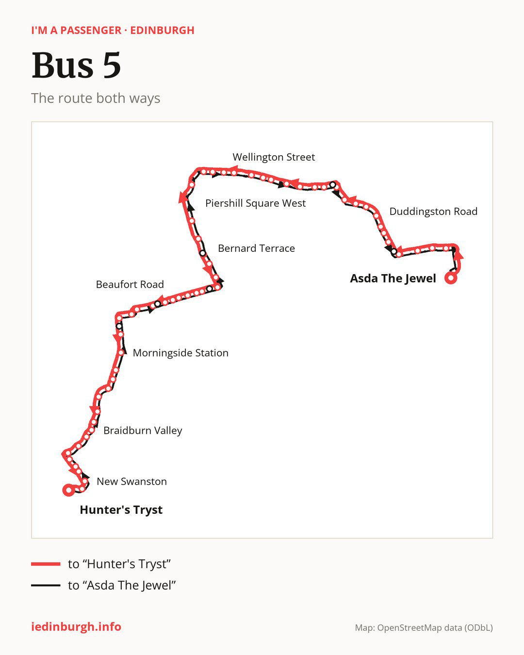 Bus route 5 in Edinburgh on the map: the route both ways