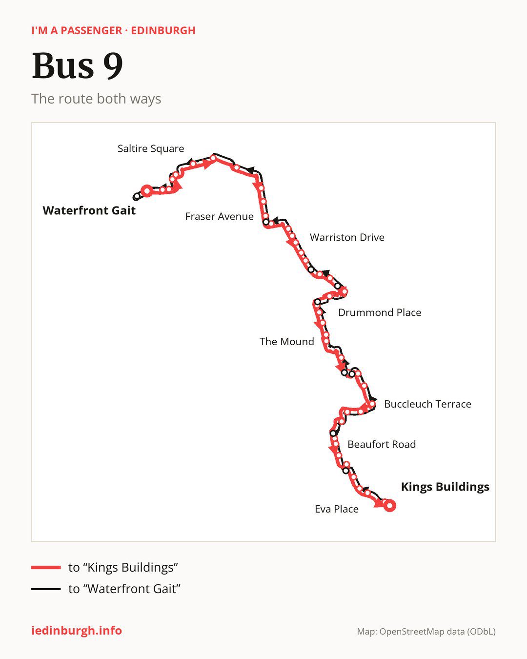 Bus route 9 in Edinburgh on the map: the route both ways