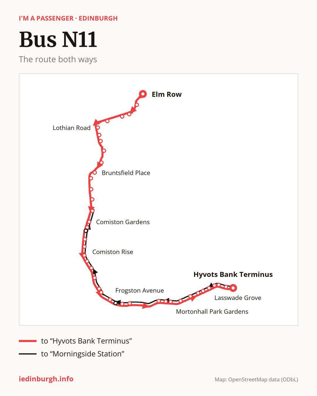 Night bus route N11 in Edinburgh on the map: the route both ways