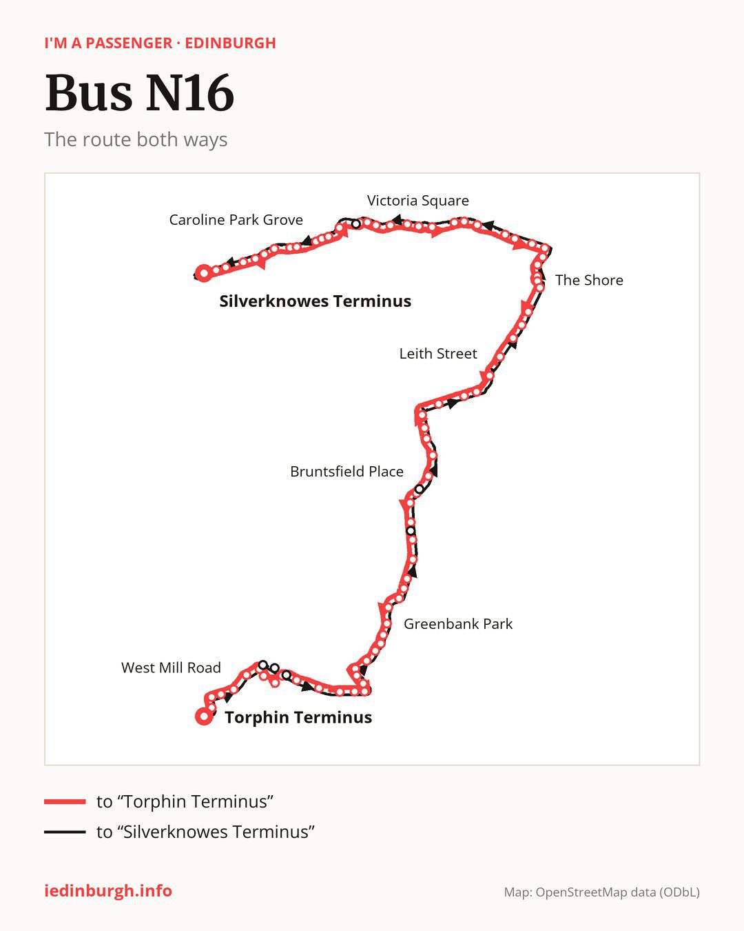 Night bus route N16 in Edinburgh on the map: the route both ways