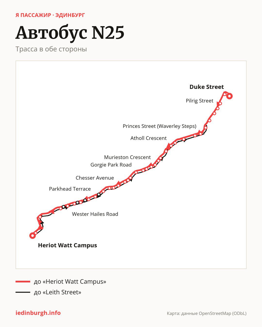 Ночной автобус N25 в Эдинбурге на карте: трасса в обе стороны