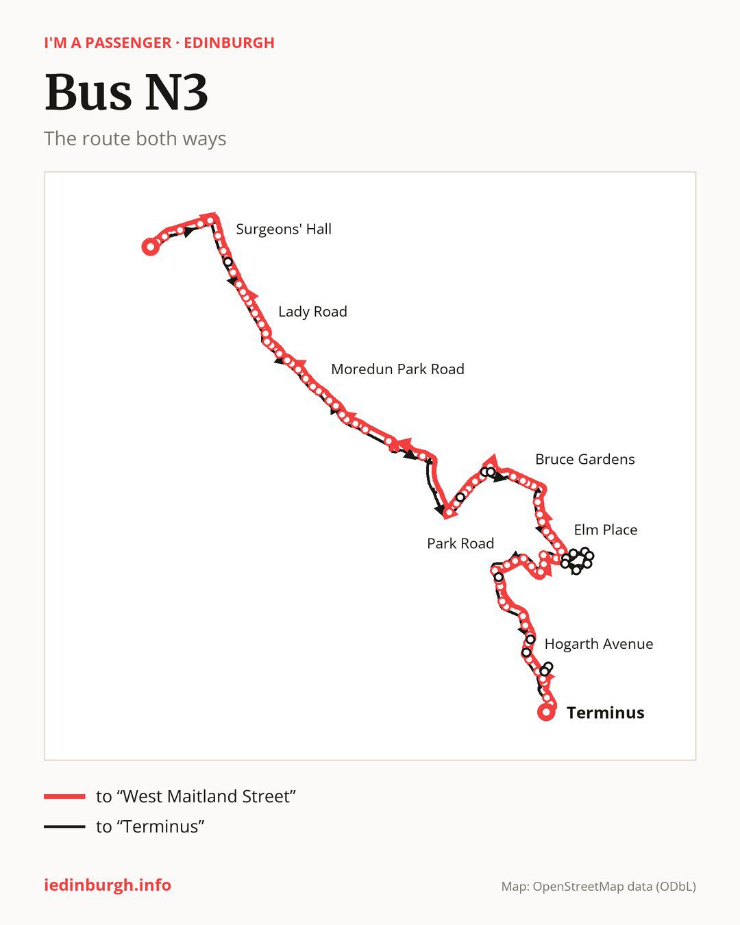 Night bus route N3 in Edinburgh on the map: the route both ways