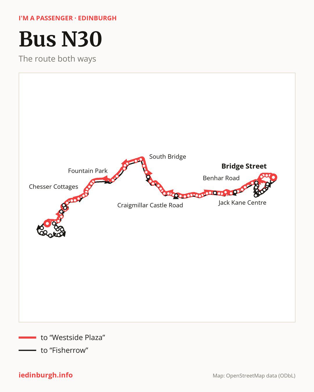 Night bus route N30 in Edinburgh on the map: the route both ways