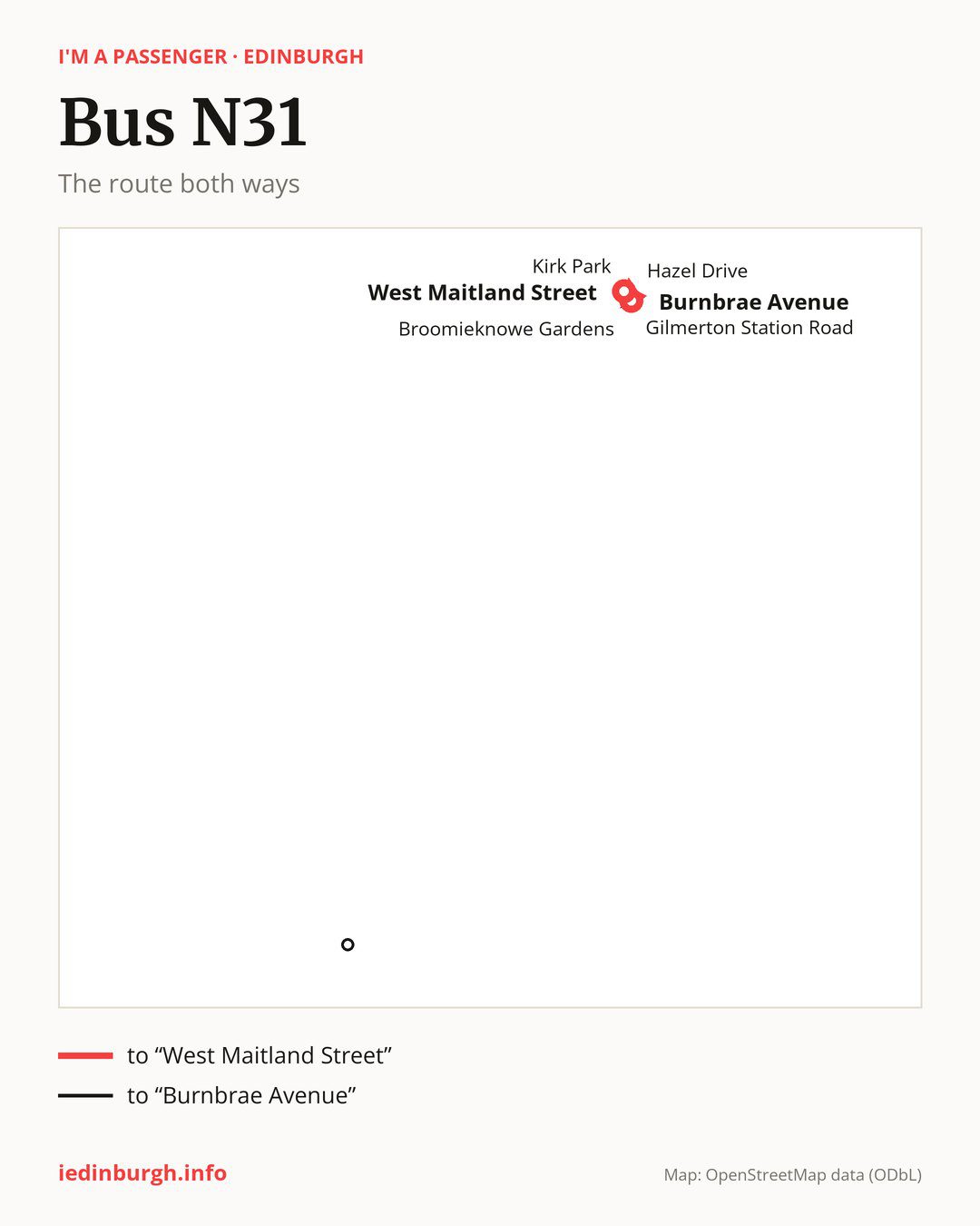 Night bus route N31 in Edinburgh on the map: the route both ways
