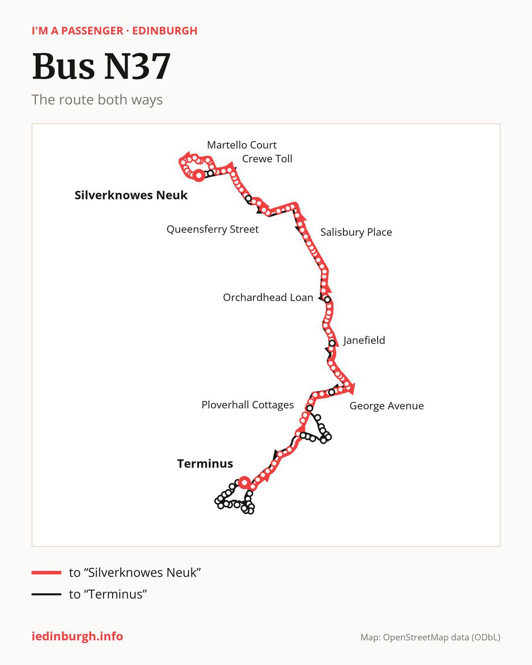 Night bus route N37 in Edinburgh on the map: the route both ways
