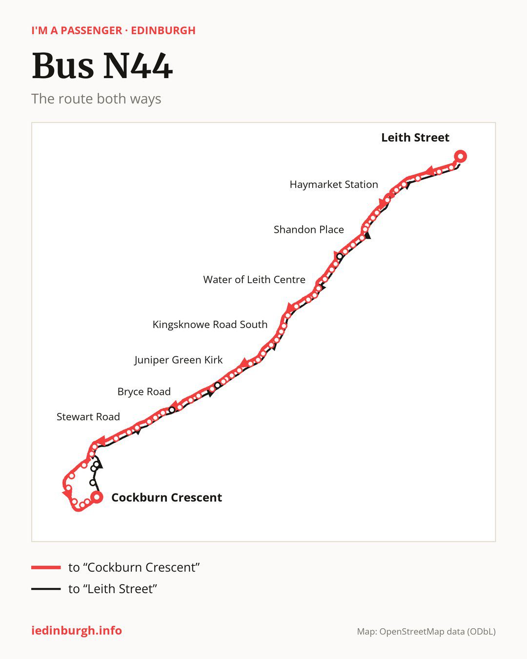 Night bus route N44 in Edinburgh on the map: the route both ways
